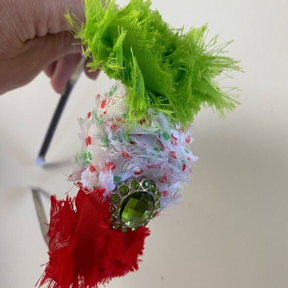 Red Green and White Boutique Christmas Frayed Rossette Headband with Rhinestone - Picture 8 of 9